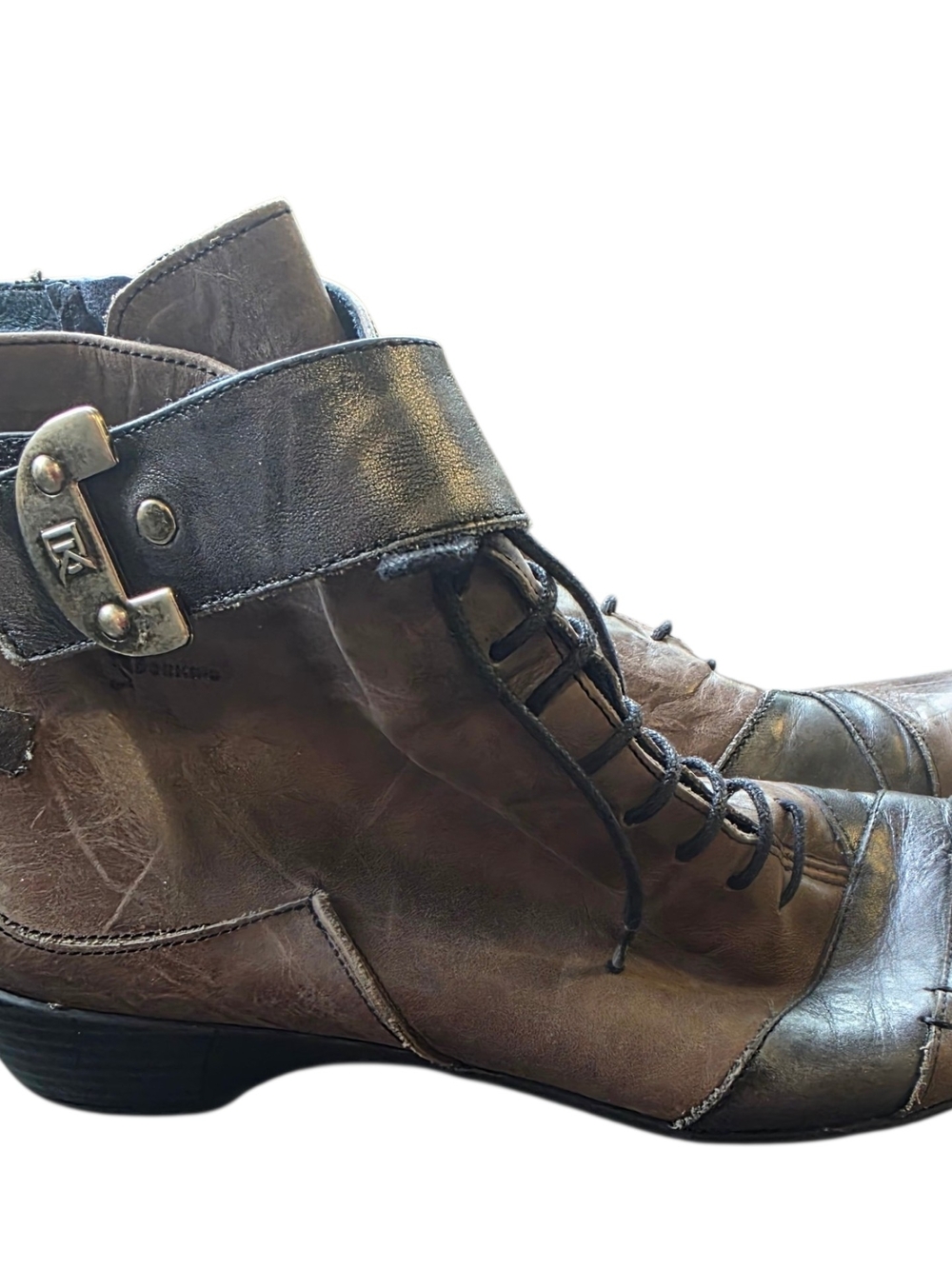 Women's Brown Leather Lace-Up Ankle Bootie with Buckle Strap